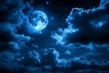 Fototapeta premium A full moon shines brightly in a night sky filled with fluffy clouds and twinkling stars.