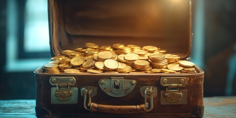 Open vintage suitcase filled with stacks of gold coins.