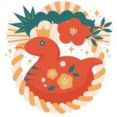 椿二連しめ飾りの巳年年賀状アイコン、レトロカラー、イラスト、かわいい、赤蛇