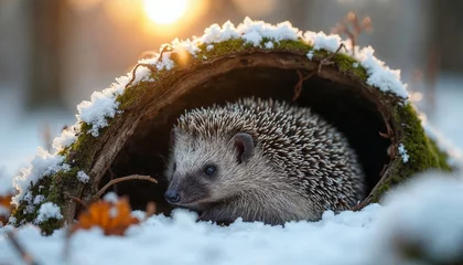 Cute hedgehog hibernating in a snow covered log during winter
