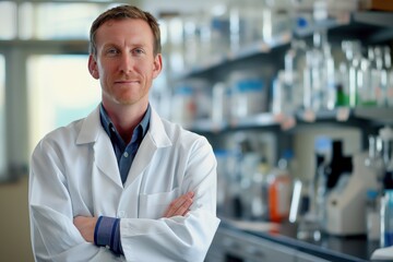 Scientist stands confidently in laboratory, dressed in white lab coat, blue pants, surrounded by scientific equipment, window suggesting actual laboratory setting. Subject positioned on left side of