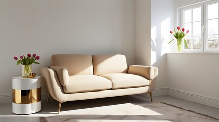 Interior of a modern living room with a white sofa and a vase of tulips generated by AI