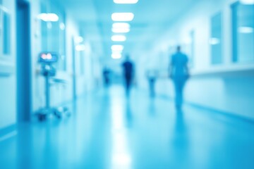 Blurred hospital hallway with light blue walls and a person walking down the corridor.
