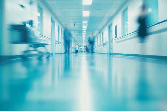 Blurred view of a hospital corridor with people walking by, with a clean, white, and modern design.