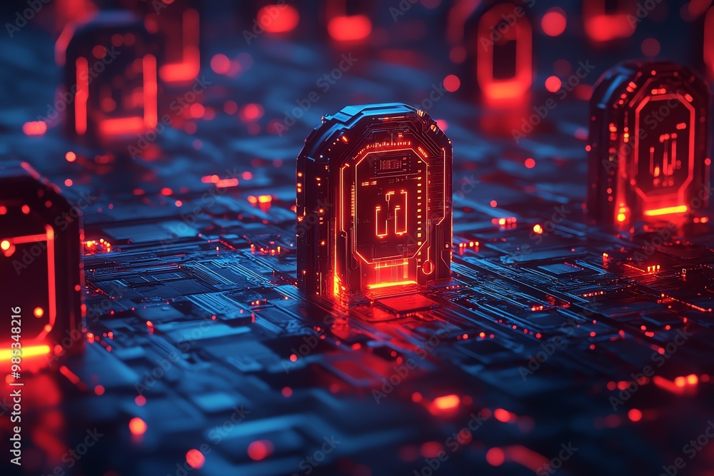 Poster red glowing futuristic technological circuit board with digital data.