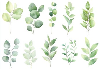 Watercolor set of green leaves with branches, hand drawn illustrations of floral elements, botanical drawing, isolated on white background.