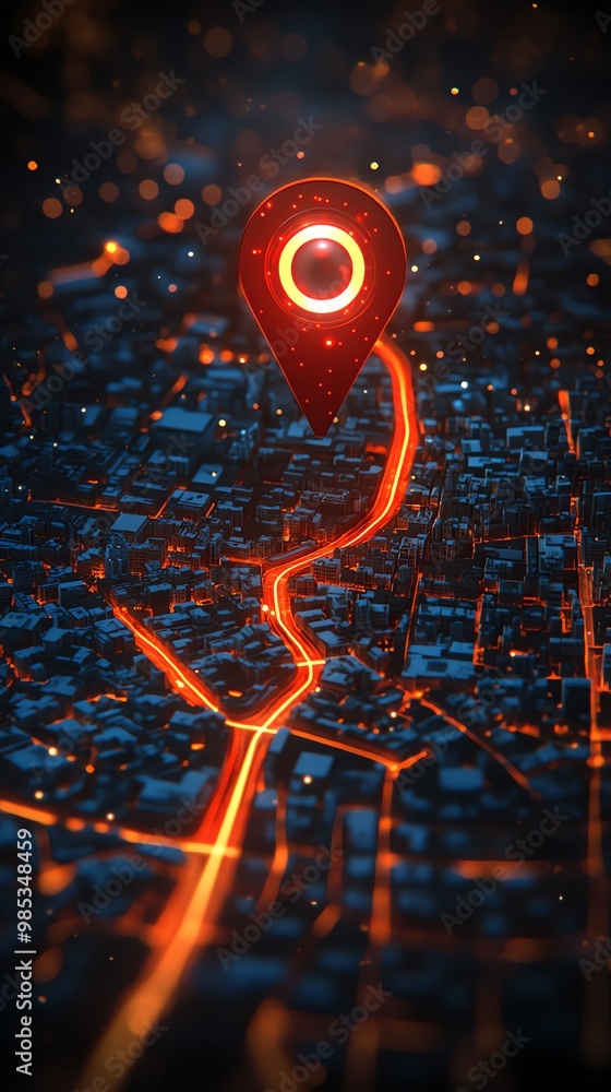 Poster red glowing pin on a map showing a city at night with glowing roads.