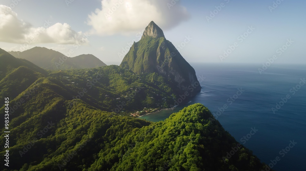 Wall mural gros piton mountain peak in saint lucia island, aerial view. volcanic landmark with lush green veget