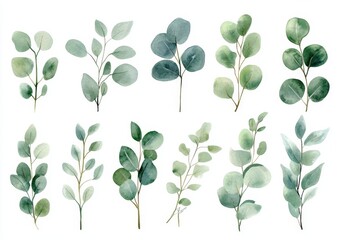 Obraz premium Watercolor illustration of twelve green eucalyptus leaves isolated on white background.