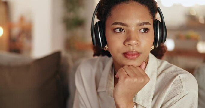Headphones, thinking and woman with tablet on sofa in home listening to music, podcast or playlist for blog review. Relax, idea and freelance critic with audio tech for streaming album at house.