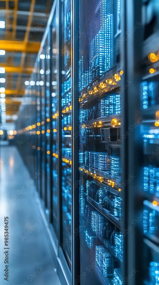 Aufkleber Rows of servers in a data center with blue lights.