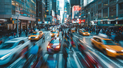 A busy city street with pedestrians and cars during rush hour