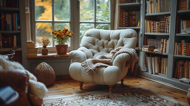 Cozy reading corner with a plush armchair a stack of vintage books and a warm wool blanket bathed in soft natural light from a nearby window