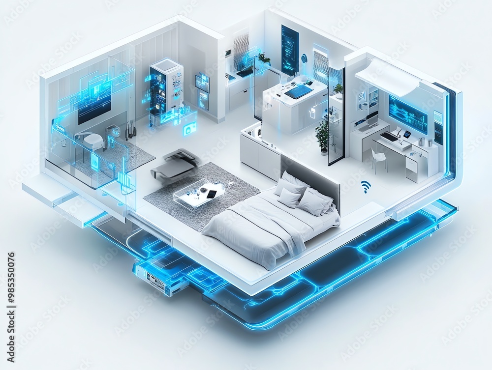 Poster Smart home concept with a 3D isometric view of a connected living space, showcasing appliances and devices linked by a futuristic interface.