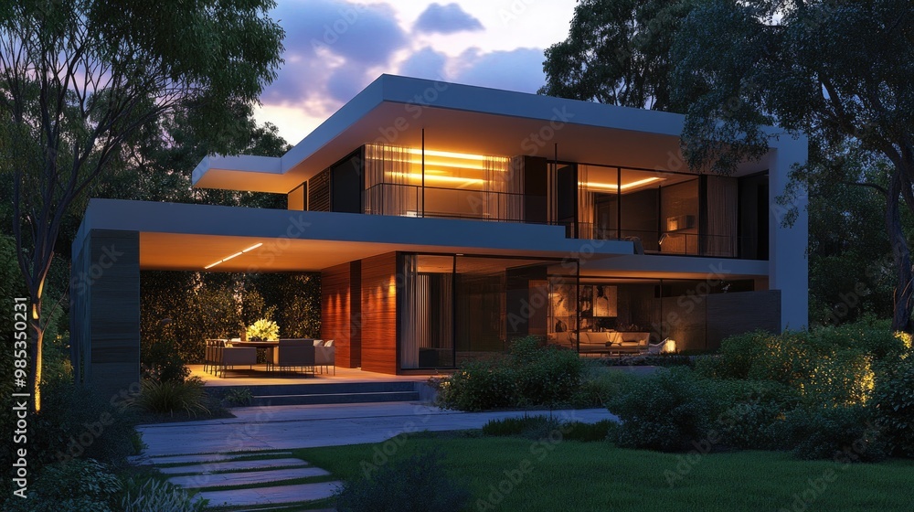 Poster a modern house with an elegant design, illuminated by soft lighting in the evening, rendered with a 