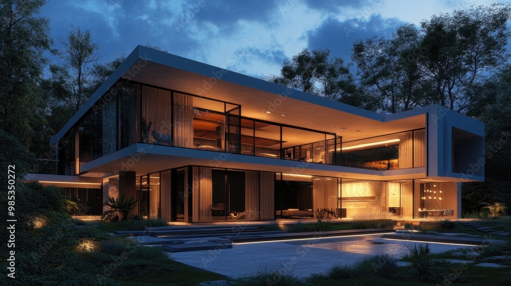 Poster a modern house with an elegant design, illuminated by soft lighting in the evening, rendered with a 