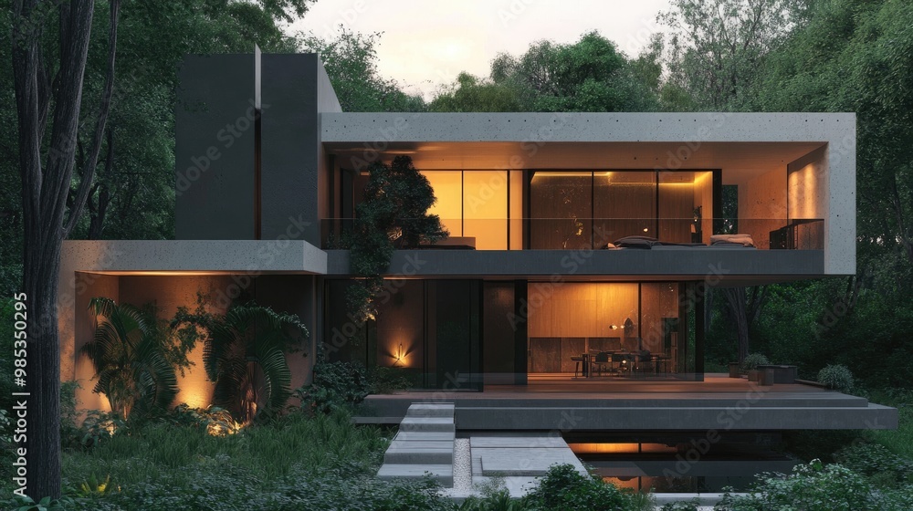 Poster a modern house with an elegant design, illuminated by soft lighting in the evening, rendered with a 