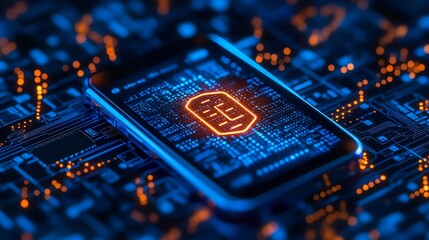 Smartphone on a Circuit Board with a Bright Orange Icon.
