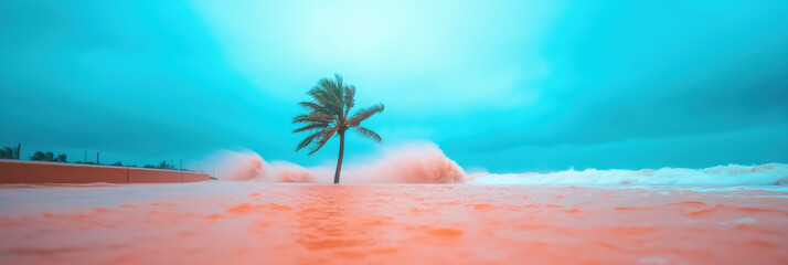 Surging waters engulf coastal town, highlighting natures power, minimal photography