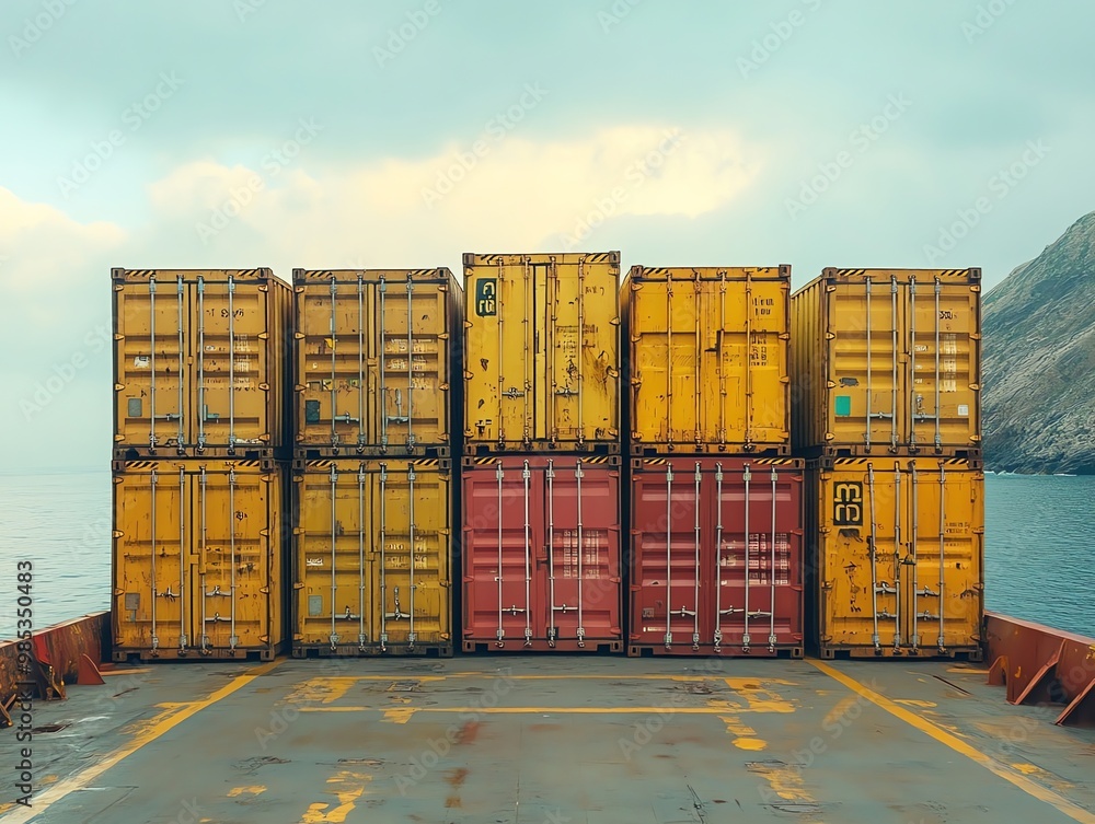 Poster stack of shipping containers on a cargo ship deck with a blue ocean and a mountain in the background