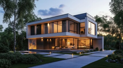 A modern house with sleek lines, softly lit in the evening, rendered with a realistic outdoor background of trees and sunset sky