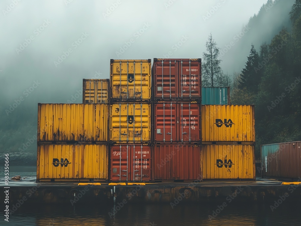 Poster stacked shipping containers on a pier against a foggy backdrop.