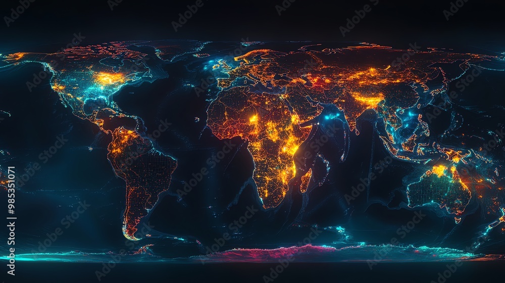 Poster stylized digital map of the world with glowing lines and city lights.