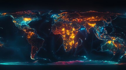Stylized digital map of the world with glowing lines and city lights.