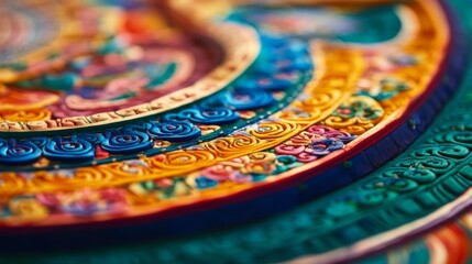 A close-up of a Tibetan Buddhist mandala, intricately designed with symbolic patterns and vibrant colors