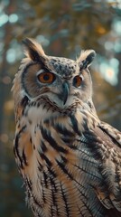 Owl bird on tree closeup portrait with blurred background green forest