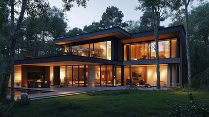 Beautiful modern house softly lit in the evening, with sleek architecture and large windows, set against a realistic background of twilight and trees