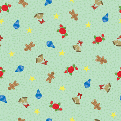 Ditsy Nondirectional Christmas Ornaments Bells Stars on Textured Green Background creating a seamless pattern print background