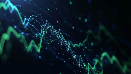 Abstract digital background with green and blue lines and dots on a black background.