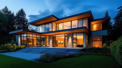 Elegant modern house in the evening, softly lit with warm lights, showcasing sleek lines and glass windows, set against a realistic evening backdrop