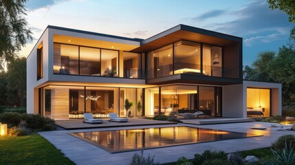 Fototapeta premium Elegant modern house in the evening, softly lit with warm lights, showcasing sleek lines and glass windows, set against a realistic evening backdrop