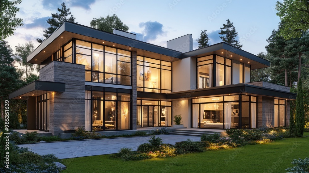 Poster elegant rendering of a modern home at dusk, with large windows and glowing lights, set against a rea