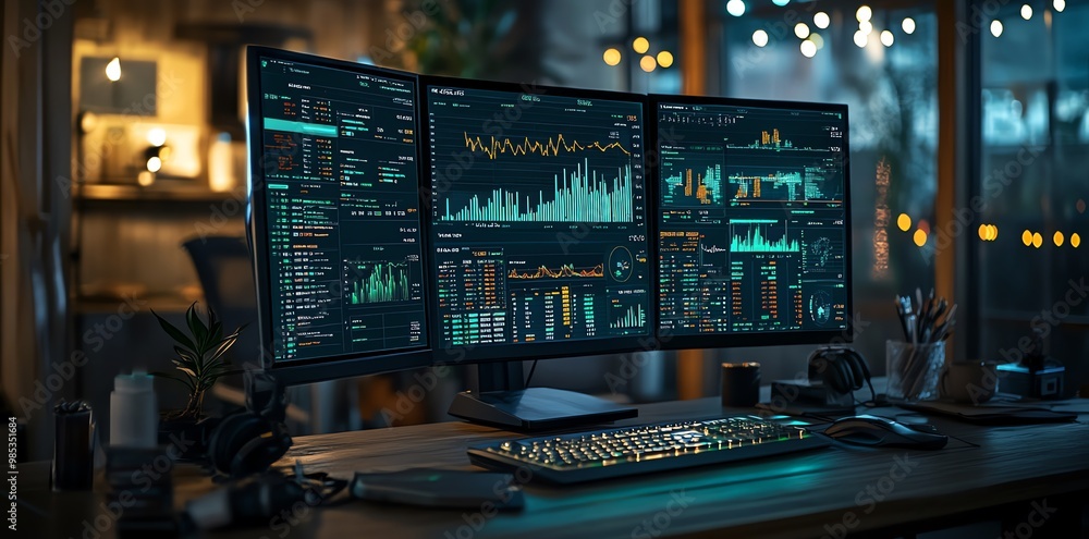 Poster Three monitors displaying various data and graphs on a wooden desk with a keyboard and mouse in a dimly lit office space.
