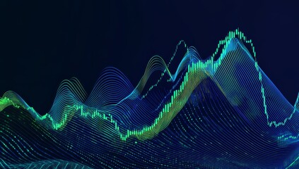 Abstract digital data visualization with glowing green lines and dots on a dark blue background.