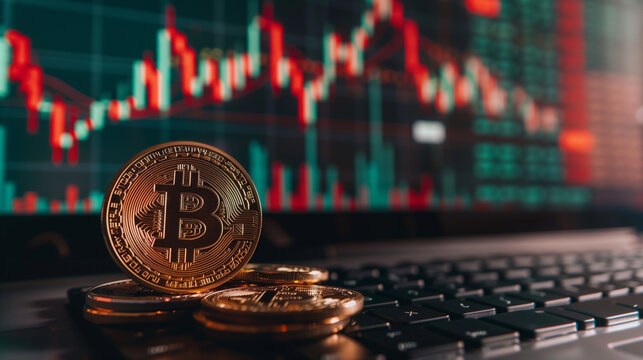 Stacks of Bitcoin Coins with Stock Market Data in the Background