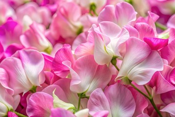 Delicate pink and white sweet pea petals unfurl in close-up, softly blurred background accentuating velvety texture and