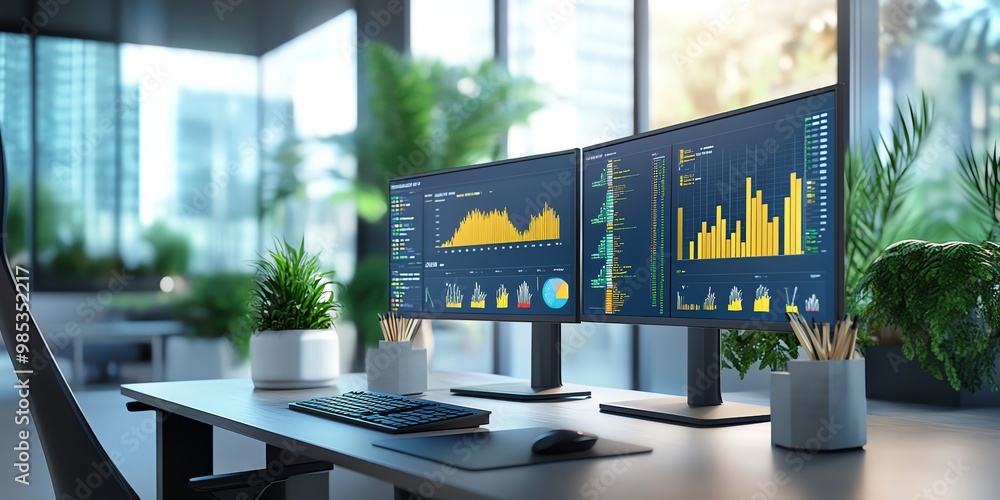 Fototapete Two computer monitors displaying financial data and graphs on a desk with a keyboard and mouse in a modern office.
