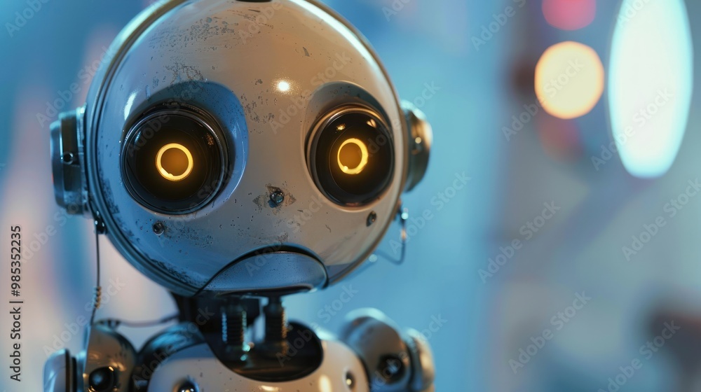 Poster cute little futuristic robot with round eyes in a blurred laboratory background ai generated image