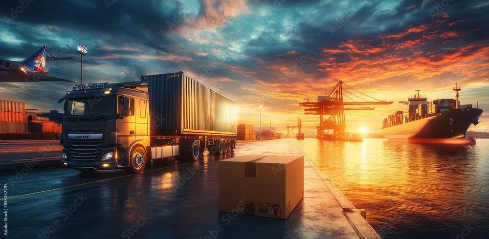 Poster cargo truck with a shipping container at a harbor at sunset with a large container ship in the dista