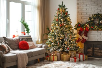 Cosy living room interior with decorated Christmas tree. Fuzzy blanket on sofa, festive decor, elegant clock on wall. Modern home design, traditional holiday feel. Glowing fairy lights, merry