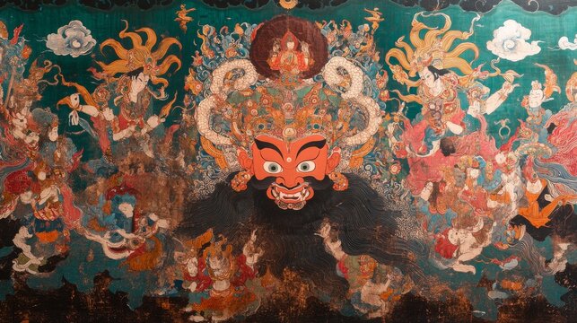 A sacred Tibetan thangka painting, depicting deities and religious scenes with intricate detail and vibrant colors