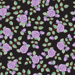 Lavender Roses Scattered on a Black Background creating a seamless pattern print background