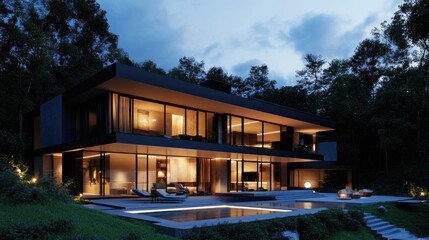 Stunning modern house illuminated by warm evening lights, rendered with elegant lines and a realistic natural background of trees and sky