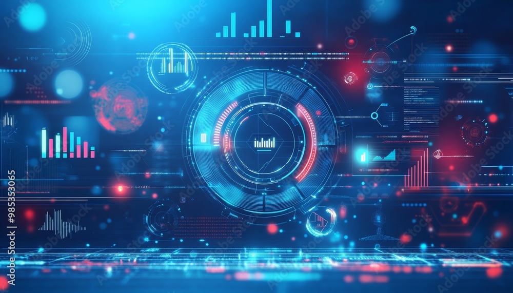 Poster abstract futuristic background with glowing blue and red data, graphs, and charts.