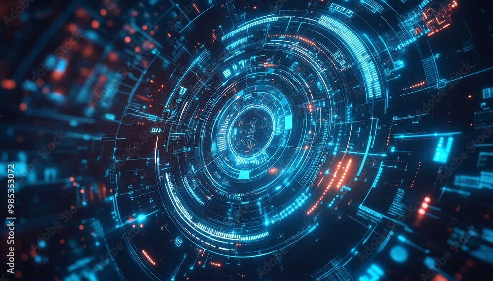 Aufkleber Abstract digital technology background with blue and orange glowing lines and circles, forming a complex pattern.