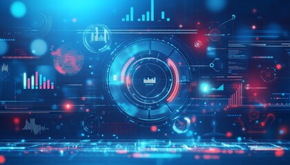 Abstract futuristic background with glowing blue and red data, graphs, and charts.
